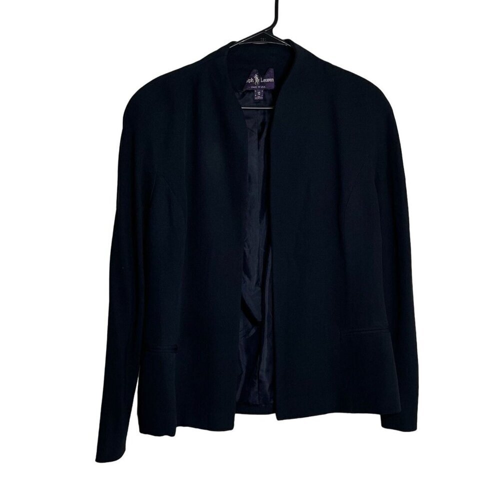 Ralph Lauren Purple Label 100% Silk No Collar Open Front Blazer Navy Size 10